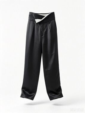 Maison Martin Margiela Black Satin Wide-Leg Trousers with White Waist Detail
